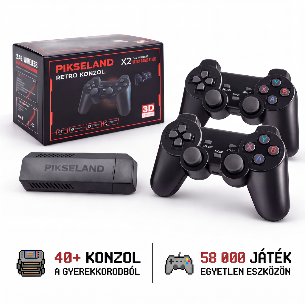 PIKSELAND retro konzol 2 kontrollerrel – 40+ konzol, 58 000 játék